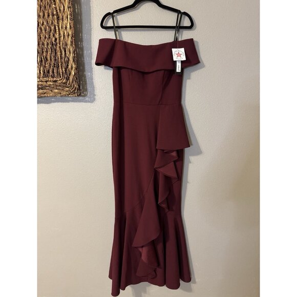 Betsy & Adam 6P Carina Long Maroon Ruffle Off the Shoulder Formal Ballgown NEW - Picture 10 of 11